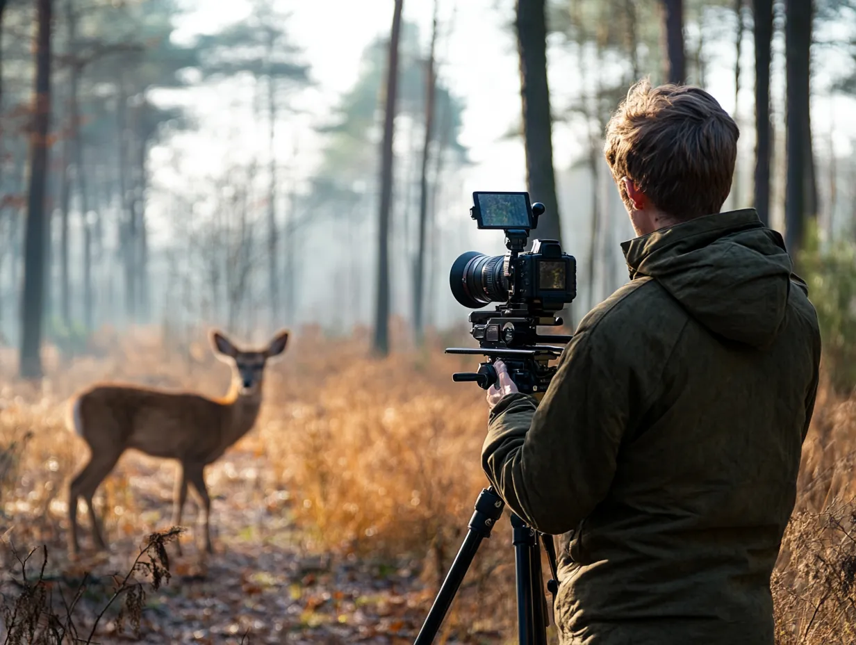 Auf dem Bild steht eine Person mit einer Filmkamera auf einem Stativ in einem Wald. Die Person filmt ein Reh, das einige Meter entfernt auf einem Weg steht und in die Richtung der Kamera blickt. Es ist Herbst oder Winter, denn die Bäume haben kaum Blätter und der Boden ist mit trockenem Gras und Laub bedeckt.